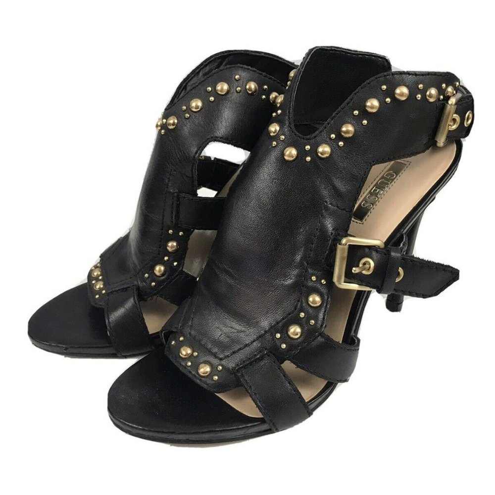 Guess GWCooper Black Studded Heels Leather Gold Tone Studs High Heel Shoe 7 N